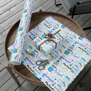 Carta da regalo personalizzata per compleanno ragazzo blu, confezione regalo di compleanno, carta da regalo per compleanno, confezione regalo personalizzata, rotolo di carta da regalo, unico immagine 2