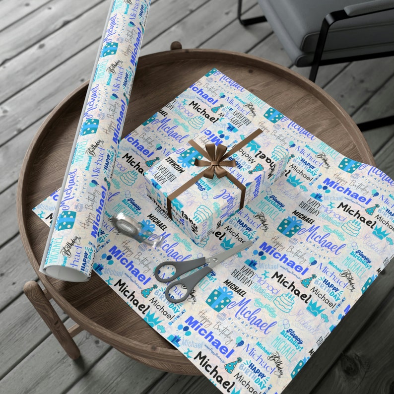 Carta da regalo personalizzata per compleanno ragazzo blu, confezione regalo di compleanno, carta da regalo per compleanno, confezione regalo personalizzata, rotolo di carta da regalo, unico immagine 2