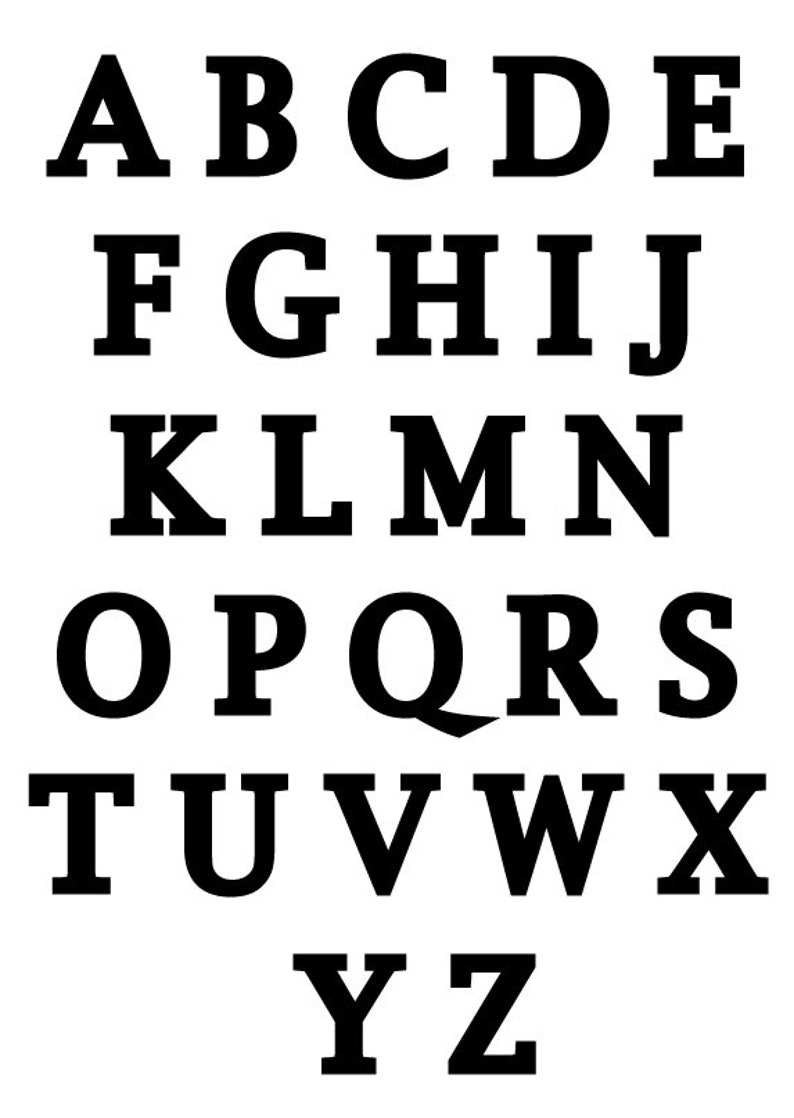 May include: Black and white image of the alphabet in a bold, blocky font.