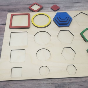 Grote tot kleine houten vorm puzzel Vorm sorteren Stapelen speelgoed Vierkant, Cirkel, Zeshoek, Vijfhoek Educatieve Houten Montessori Geschenk afbeelding 3