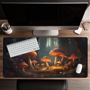 Dark Cottagecore & Witchy Desk Mat - Glow Mushroom Forest, Large Mousepad, Aesthetic Night Scenery, Gaming, High-Quality Fantasy Mouse Pad