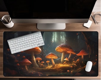 Dark Cottagecore & Witchy Desk Mat - Glow Mushroom Forest, Large Mousepad, Aesthetic Night Scenery, Gaming, High-Quality Fantasy Mouse Pad
