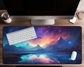 Celestial Mountain Schreibtischmatte - Astrologie, Mond Sterne, Sternzeichen, großes Mousepad, Ästhetische Nachtlandschaft, Gaming, hochwertige Fantasy-Mausunterlage