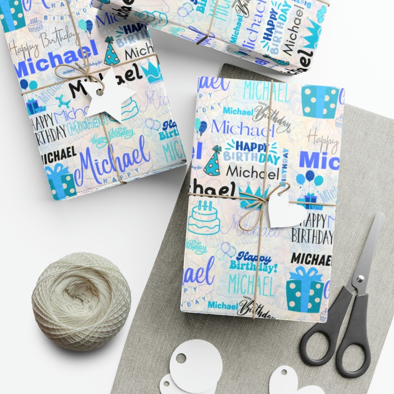 Carta da regalo personalizzata per compleanno ragazzo blu, confezione regalo di compleanno, carta da regalo per compleanno, confezione regalo personalizzata, rotolo di carta da regalo, unico immagine 3