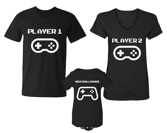 Família que combina com jogadores, camisetas, jogador 1, presente de chá de bebê, controle de jogo, mamãe e papai, recém-nascido, novo pai, camisa de família, presente combinando