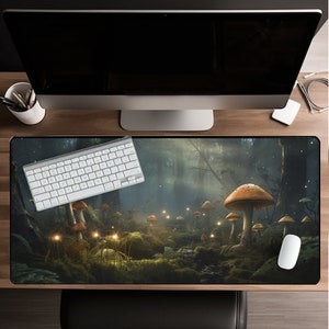 Dark Cottagecore & Witchy Desk Mat - Glowing Mushroom Forest, extended Mousepad, Aesthetic Night, Gaming, High-Quality Fantasy Mouse Pad