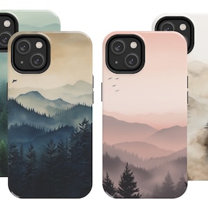 Foggy Forest Aesthetic, Minimalist Phone Case, Pine tree, Mountain, iPhone Case, Samsung Galaxy Case, iPhone 15 Pro Case, iPhone 14 Pro Case