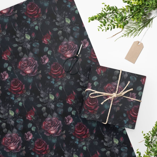 Sustainable, Gothic Aesthetic, Goth, Dark Noir, Red Roses Paper - Unique Gift Wrap, birthday, anniversary, Recycled Paper, Eco-friendly