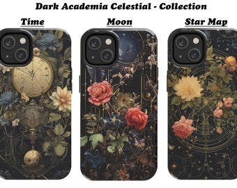 May include: Three phone cases with a dark academia celestial theme. The first case features a clock face with floral accents. The second case features a moon and stars with floral accents. The third case features a star map with floral accents.