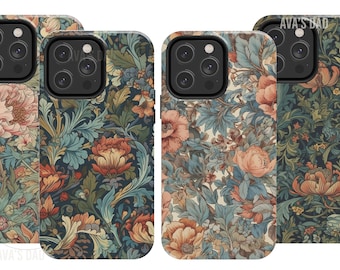 May include: Four different phone cases with a floral pattern. The cases are all black with a floral pattern in shades of blue, green, orange, and pink. The cases are all for the iPhone 14 Pro.
