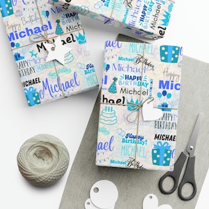 Carta da regalo personalizzata per compleanno ragazzo blu, confezione regalo di compleanno, carta da regalo per compleanno, confezione regalo personalizzata, rotolo di carta da regalo, unico immagine 1