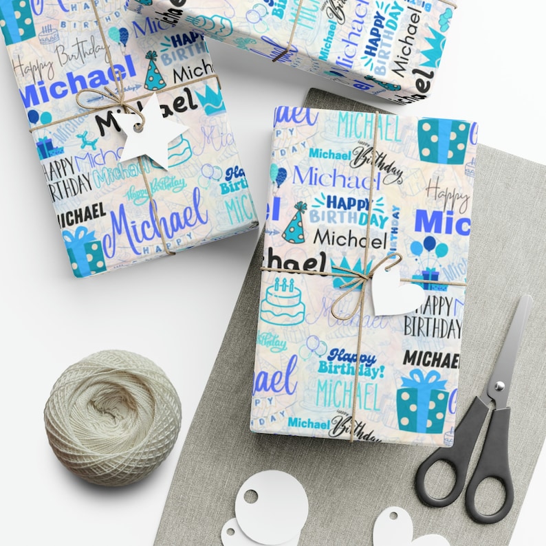 Carta da regalo personalizzata per compleanno ragazzo blu, confezione regalo di compleanno, carta da regalo per compleanno, confezione regalo personalizzata, rotolo di carta da regalo, unico immagine 1
