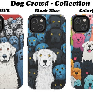 Puede incluir: Tres fundas para teléfono con diferentes diseños de perros. La primera funda tiene un perro blanco en el centro rodeado de perros azules y grises. La segunda funda tiene un perro negro en el centro rodeado de perros negros y azules. La tercera funda tiene un perro blanco en el centro rodeado de perros coloridos.