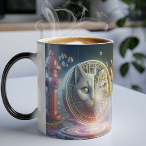 Puede incluir: Una taza de cerámica blanca que cambia de color con un diseño temático de gatos. El diseño presenta la cara de un gato dividida por la mitad, con un lado un gato realista y el otro una placa de circuito. También se ve una boca de incendios roja.