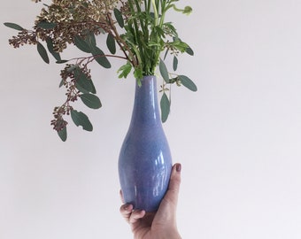 Chun blue ceramic bottle vase, white stoneware vase, handmade wheel-thrown ceramic vase