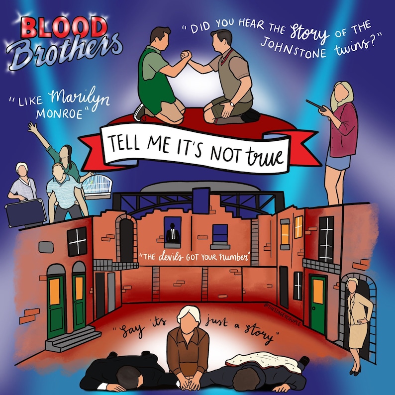 May include: A digital illustration of a brick building with a red banner that says "TELL ME IT'S NOT TRUE". The banner is above two men sitting on a red couch. The text "DID YOU HEAR THE STORY OF THE JOHNSTONE TWINS?" is above the men. The text "LIKE Marilyn MONROE" is below the men. The text "THE devils GOT YOUR Number" is on the building. The text "Say its just a story" is below the building.
