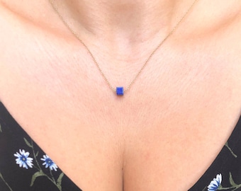 Authentique Lapis Lazuli Gemstone Pendentif-Argent 925-Blue Stone Collier-Birthstone Septembre-Cadeaux pour Her-Cube Collier-Square Pendentif