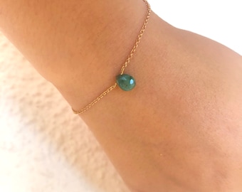 Pulsera de esmeraldas auténticas - Piedra de nacimiento de mayo - Pulsera sencilla con piedra de nacimiento - Piedra preciosa - Cadena de plata de ley chapada en oro de 18k - Colgante - Pulsera delicada - Verde