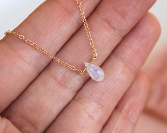 Moonstone Necklace-June Birthstone-Tiny Moonstone-Dainty Necklace-Rainbow Moonstone-Sterling Silver Chain  18k Gold Plated-Drop Pendant