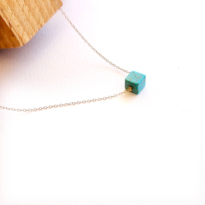 Howlite Turquoise Bead Pendant-Silver 925 Chain-Blue Stone-Cube Necklace-Square Pendant-Cube Bead-Bead Necklace-Everyday Necklace Layering