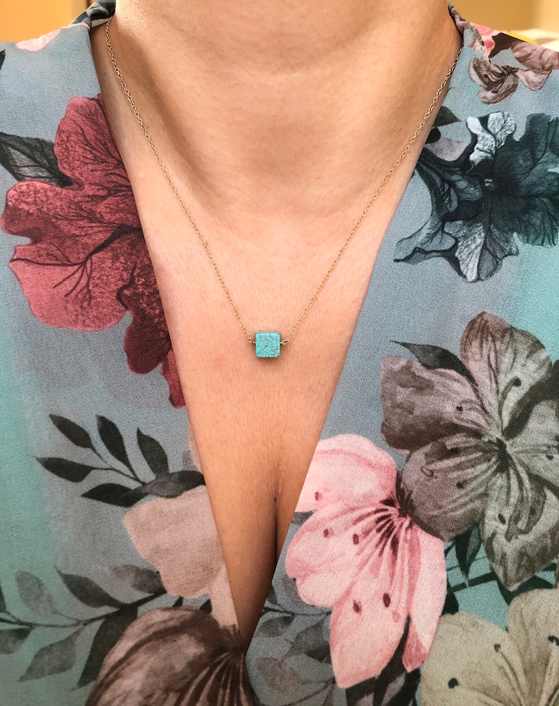 Howlite Turquoise Bead Pendant-Silver 925 Chain-Blue Stone-Cube Necklace-Square Pendant-Cube Bead-Bead Necklace-Everyday Necklace Layering