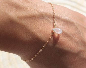 Moonstone Bracelet-June Birthstone-Tiny Moonstone-Dainty Bracelet-Rainbow Moonstone-Sterling Silver Chain 18k Gold Plated-Drop Bracelets