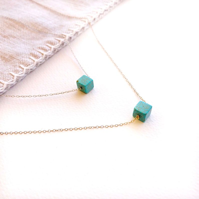 Howlite Turquoise Bead Pendant-Silver 925 Chain-Blue Stone-Cube Necklace-Square Pendant-Cube Bead-Bead Necklace-Everyday Necklace Layering