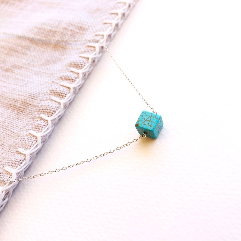 Howlite Turquoise Bead Pendant-Silver 925 Chain-Blue Stone-Cube Necklace-Square Pendant-Cube Bead-Bead Necklace-Everyday Necklace Layering