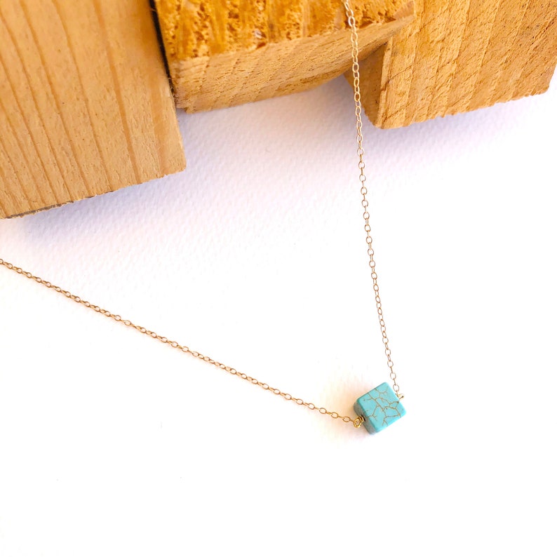 Howlite Turquoise Bead Pendant-Silver 925 Chain-Blue Stone-Cube Necklace-Square Pendant-Cube Bead-Bead Necklace-Everyday Necklace Layering