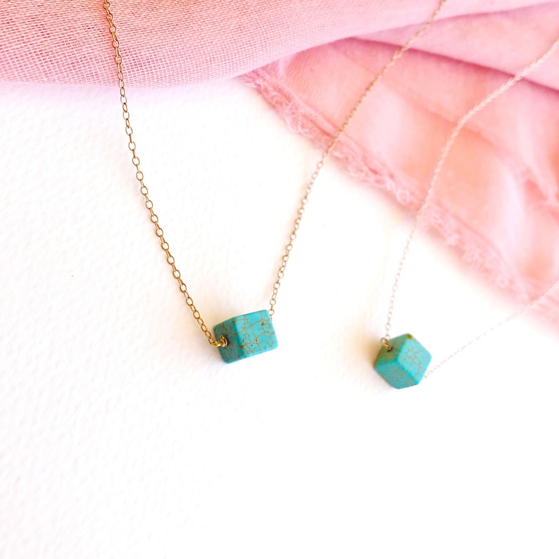Howlite Turquoise Bead Pendant-Silver 925 Chain-Blue Stone-Cube Necklace-Square Pendant-Cube Bead-Bead Necklace-Everyday Necklace Layering