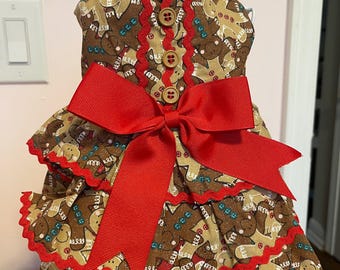 Gingerbread Dog Dress: Holiday Pet Outfit with Red Ricrac