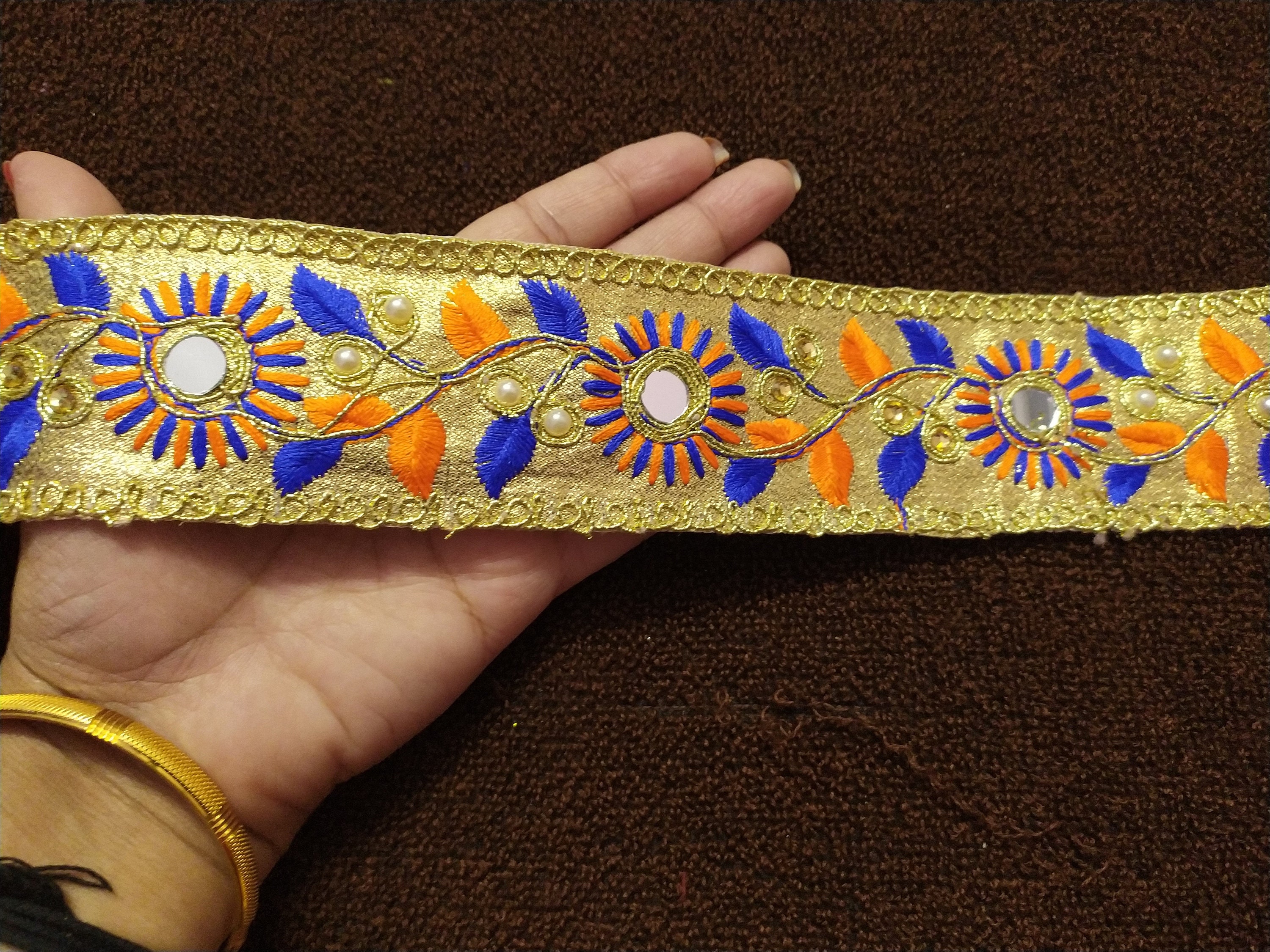By Yard Indian Blue and Orange Color Embroidered Floral Mirror - Etsy