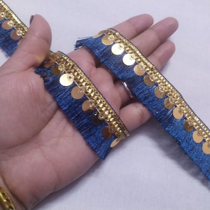 op maat gesneden Indiase Morpich blauwe en gouden Sari grens, trouwjurk lint, Dupatta Sari trim, poppenjurk lint, gordijn grens lint.