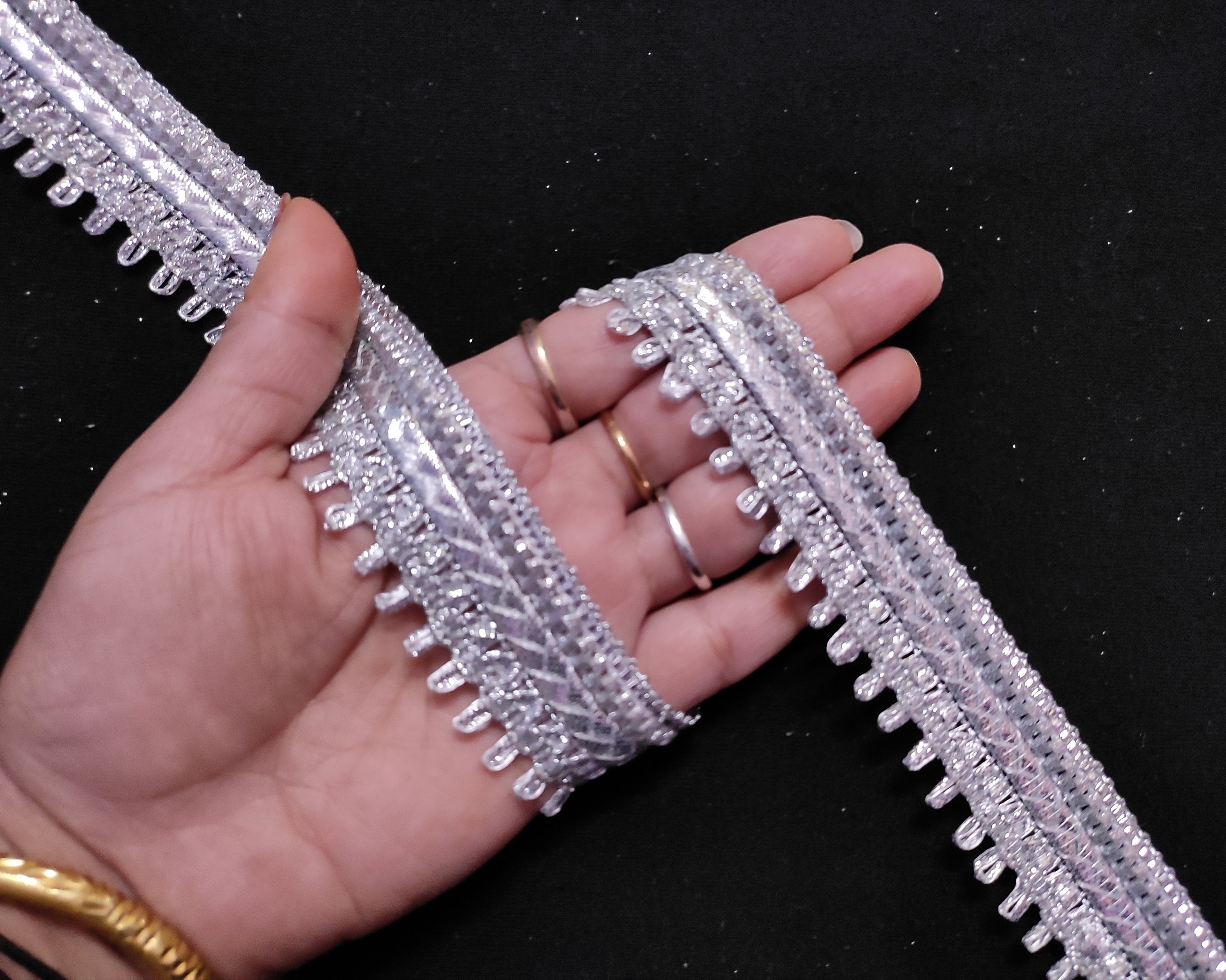 Metallic Silver Fringe Fabric Trim: Indian Sari Border, Costume 