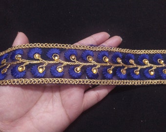 By Yards Indian Blue And Gold Color Trim, Blue Trim, Gold Sari Trim, Embroidered Trim, Wholesale Trim, Sewing Trim, Gold Beaded Trim.