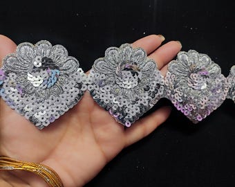 Silver Sequin Trim: Indian Metallic Embroidered Floral Applique