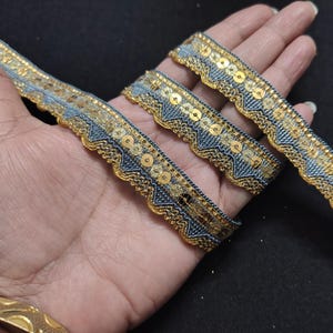 Indian Sari Trim: Gray And Gold Color Fringe, Gray Sewing Border