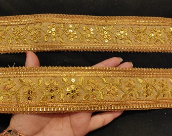 BY Yard Indian Metallic Gold And Cream Color Sequin Ribbon Woven Design Trim, Border Ribbon Lace, Border Ribbon Trim, Embroidered Trim .