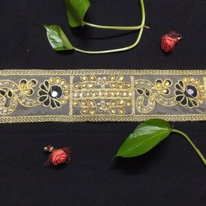 Gold Beaded Mirror Work Lace Trim - Indian Ribbon Border By The Yard image 7