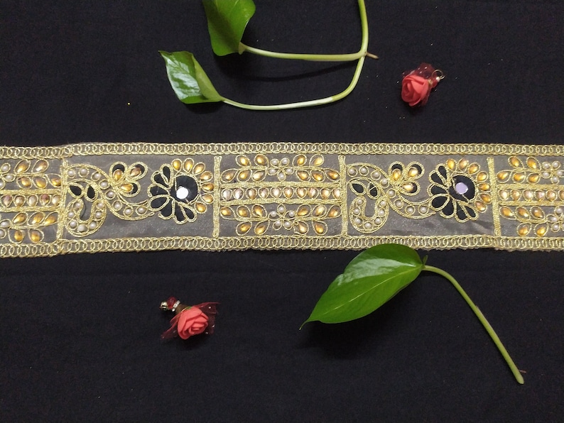 Gold Beaded Mirror Work Lace Trim - Indian Ribbon Border By The Yard image 7