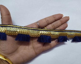 Navy Blue & Gold Sequin Tassel Trim - Indian Wedding Sari Border