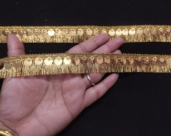Metallic Gold Sequin Fringe Ribbon Lace Trim - Indian Woven Design