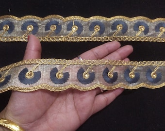 Gold Beaded Sari Trim: Gray Embroidered Net Fabric Border, Wedding Costume Border