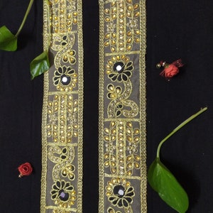 Gold Beaded Mirror Work Lace Trim - Indian Ribbon Border By The Yard image 4