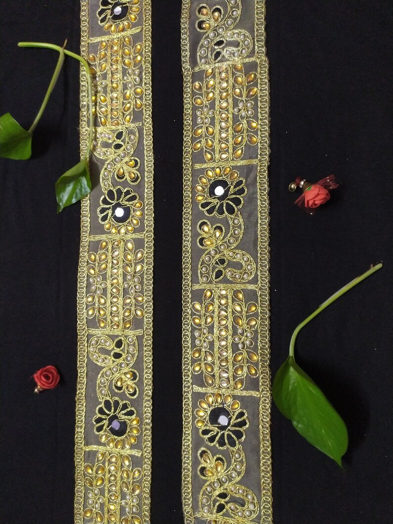 Gold Beaded Mirror Work Lace Trim - Indian Ribbon Border By The Yard image 4