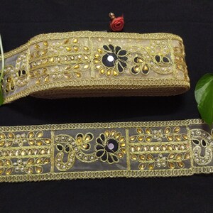 Gold Beaded Mirror Work Lace Trim - Indian Ribbon Border By The Yard image 5