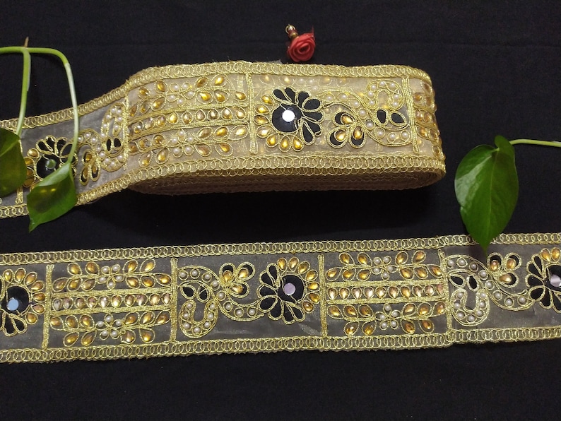 Gold Beaded Mirror Work Lace Trim - Indian Ribbon Border By The Yard image 5
