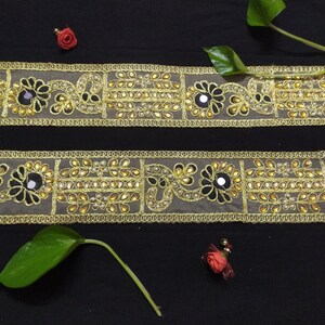 Gold Beaded Mirror Work Lace Trim - Indian Ribbon Border By The Yard image 8