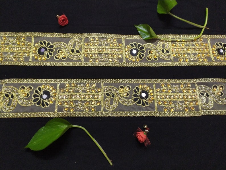 Gold Beaded Mirror Work Lace Trim - Indian Ribbon Border By The Yard image 8