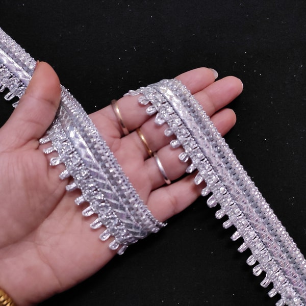 By Yard Indian Metallic Silver Color Fringe Fabric Sari Trim , Wedding Suit Border, Curtain Trim ,Handbags Ribbon, Home Decor Ribbon .